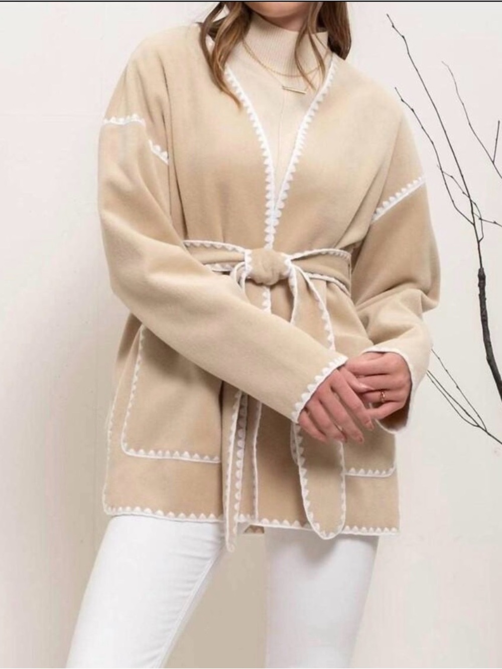 Blu Pepper Beige Scallop Whipstitch Belted Cardigan Jacket size M